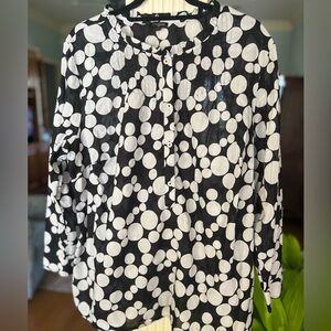 Talbots Plus 2X Black White Polka Dot Sheer Blouse Lightweight Button Front